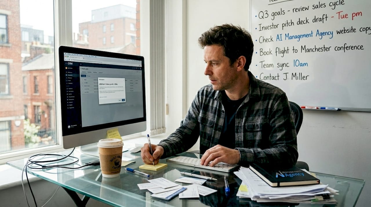 Founder juggling CRM tasks at cluttered desk