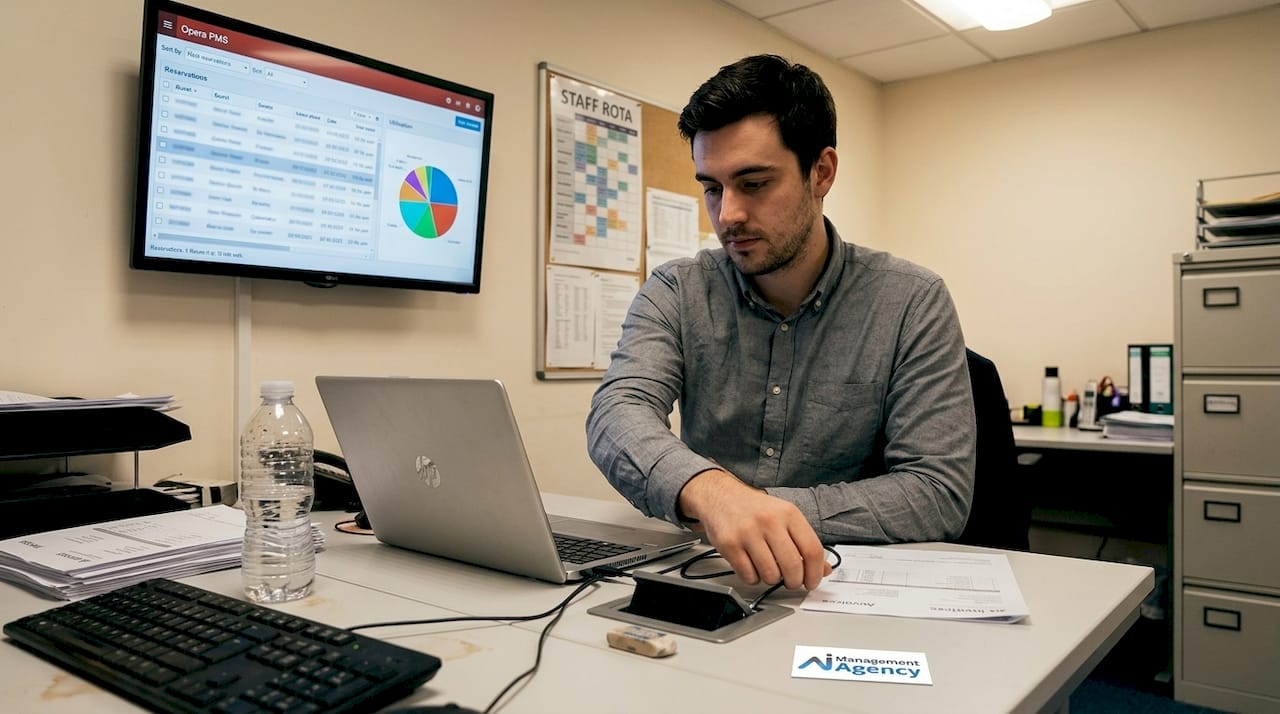 Hotel staff integrating AI with PMS software