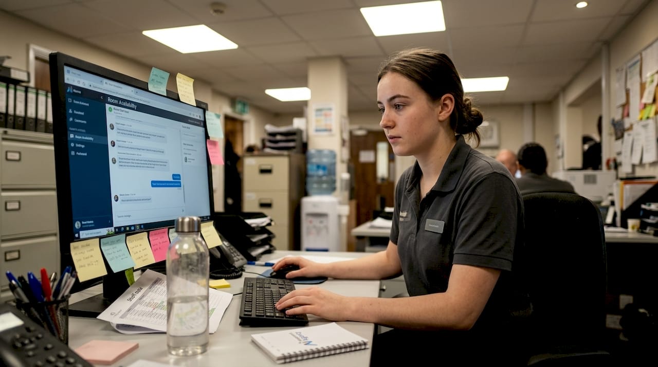 Hotel staff handling guest messages with AI