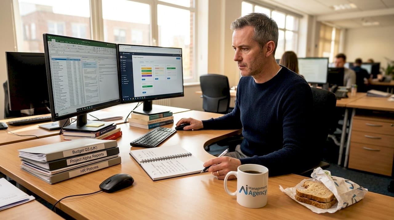 Manager using AI agent tools at desk