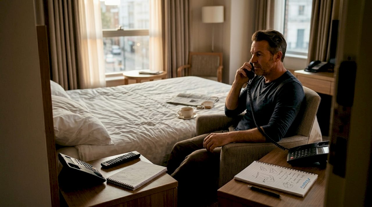 Hotel guest speaking with AI phone assistant