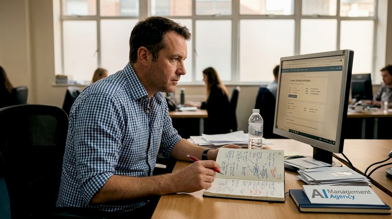 Man checking digital and paper bookings at workspace