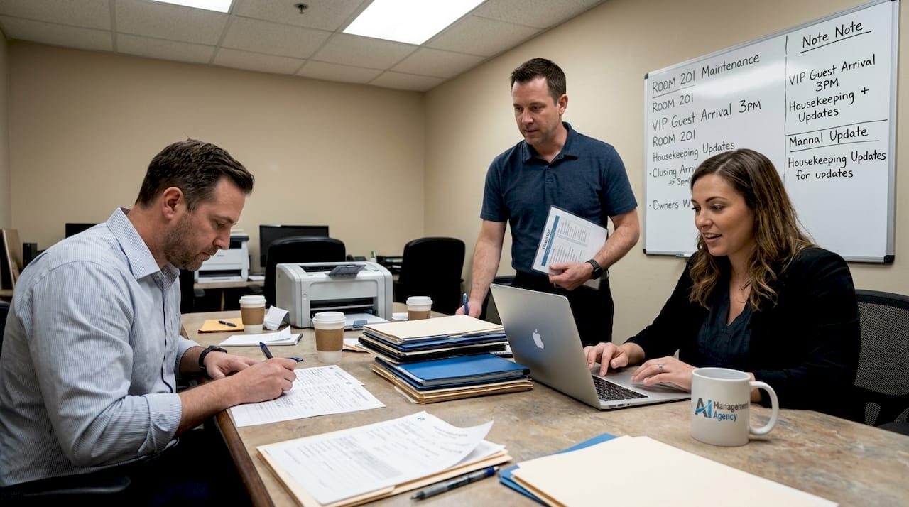 Hotel staff preparing guest data together