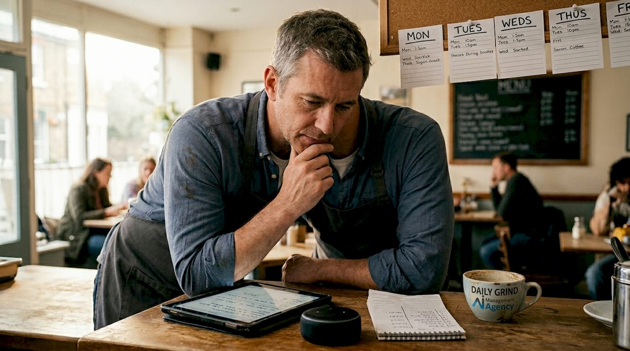 Restaurant supervisor reviews notes beside AI device