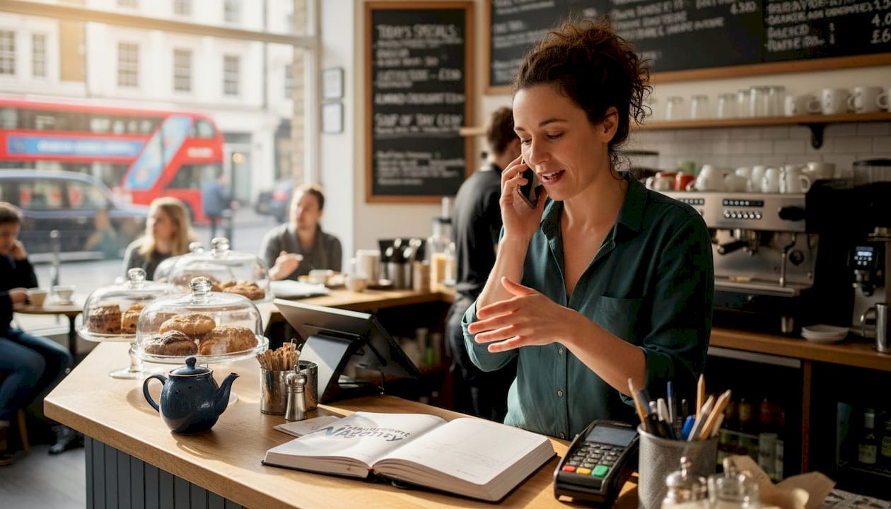Café owner taking reservation call behind counter