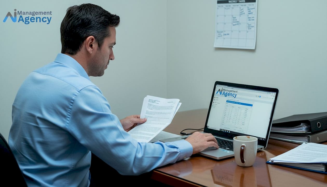 Hotel manager reviewing AI-powered dashboard