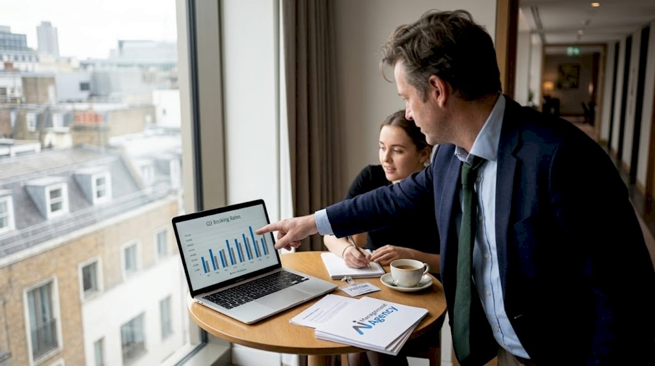 Hotel manager explains AI booking results to staff