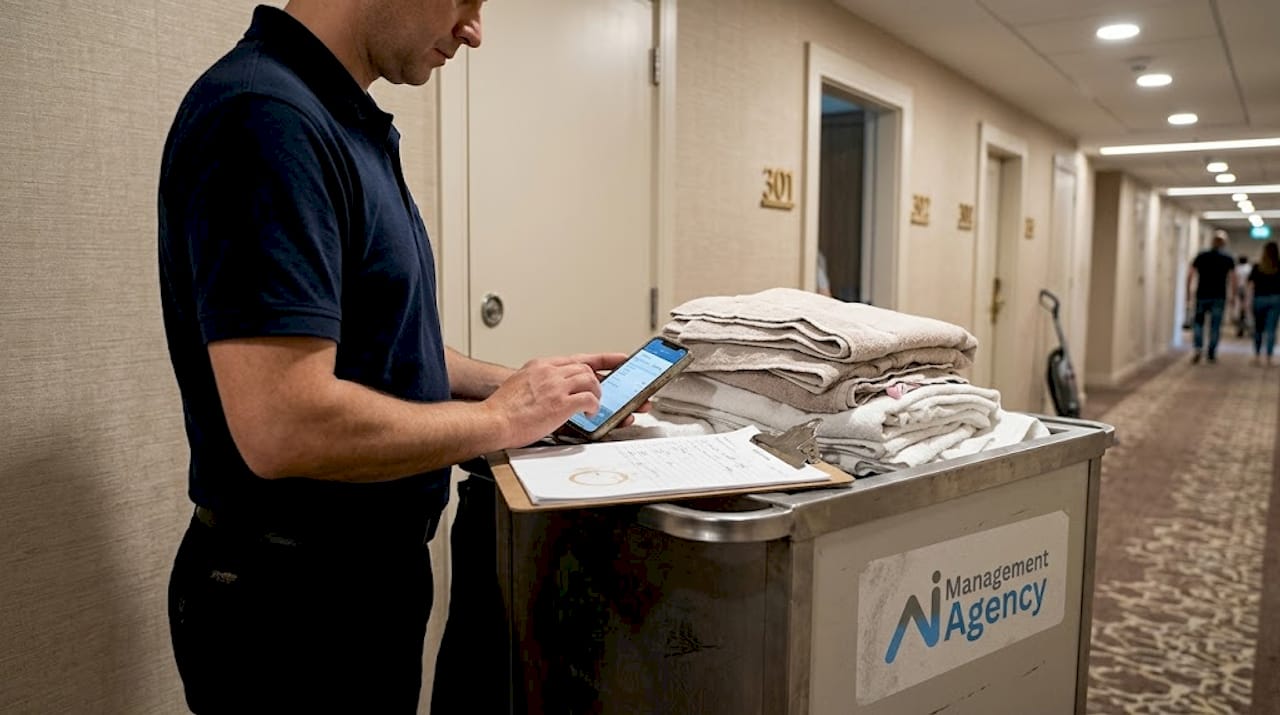 Housekeeping manager using AI on smartphone