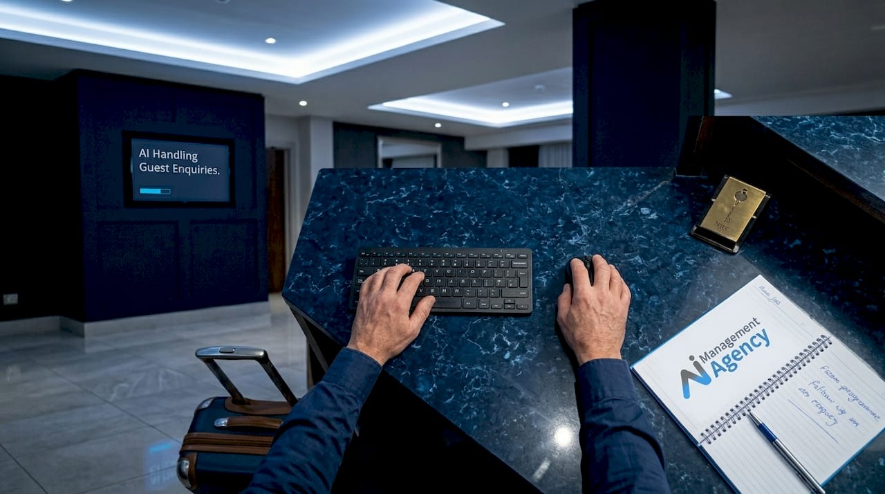 Hotel manager using AI at front desk