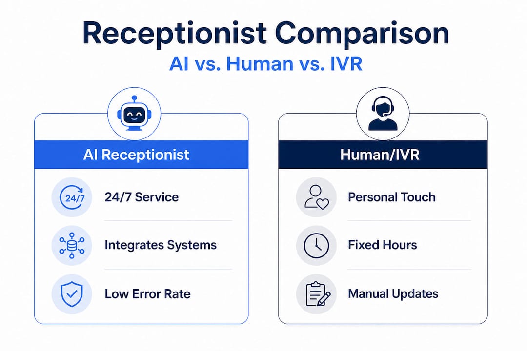 Infographic comparing AI, human, and IVR receptionists