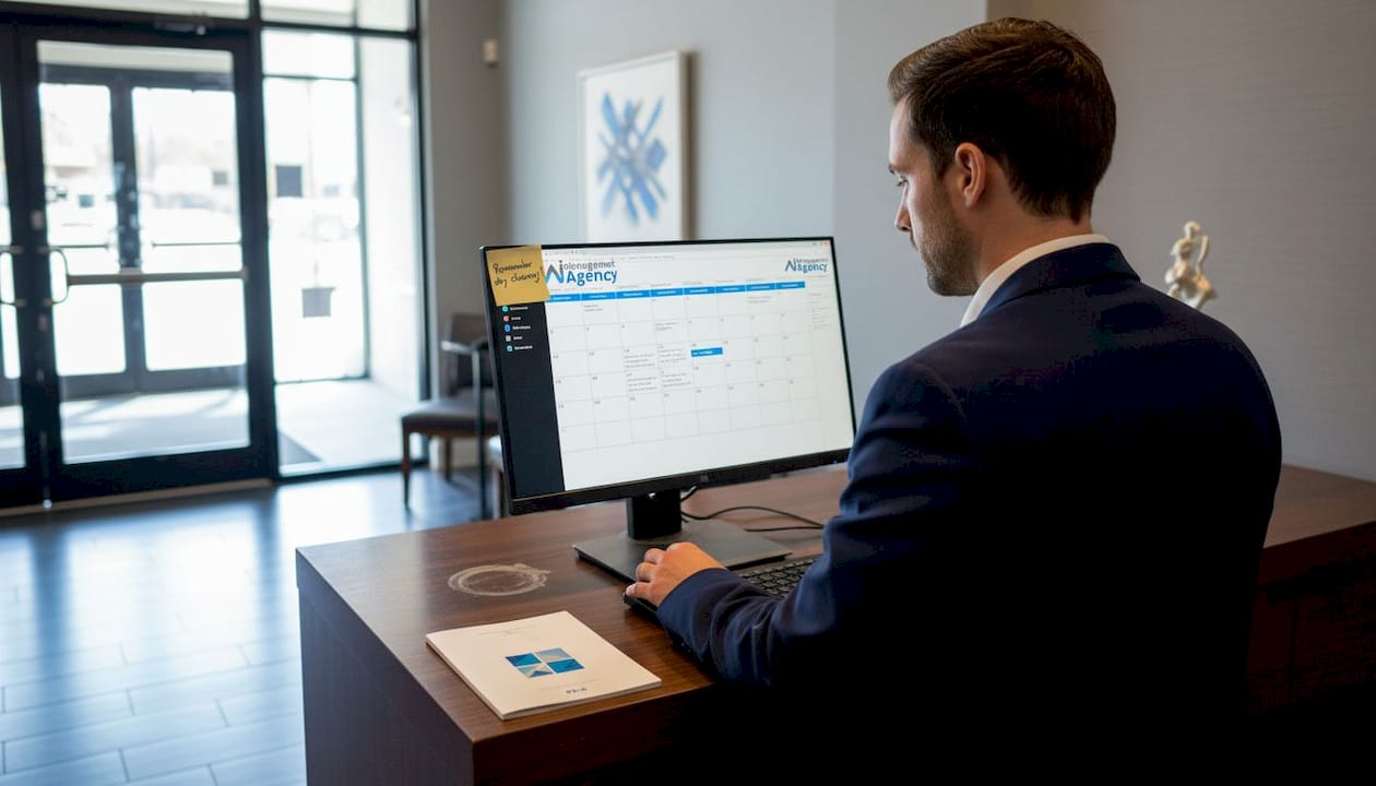 Hotel manager confirming bookings at desk