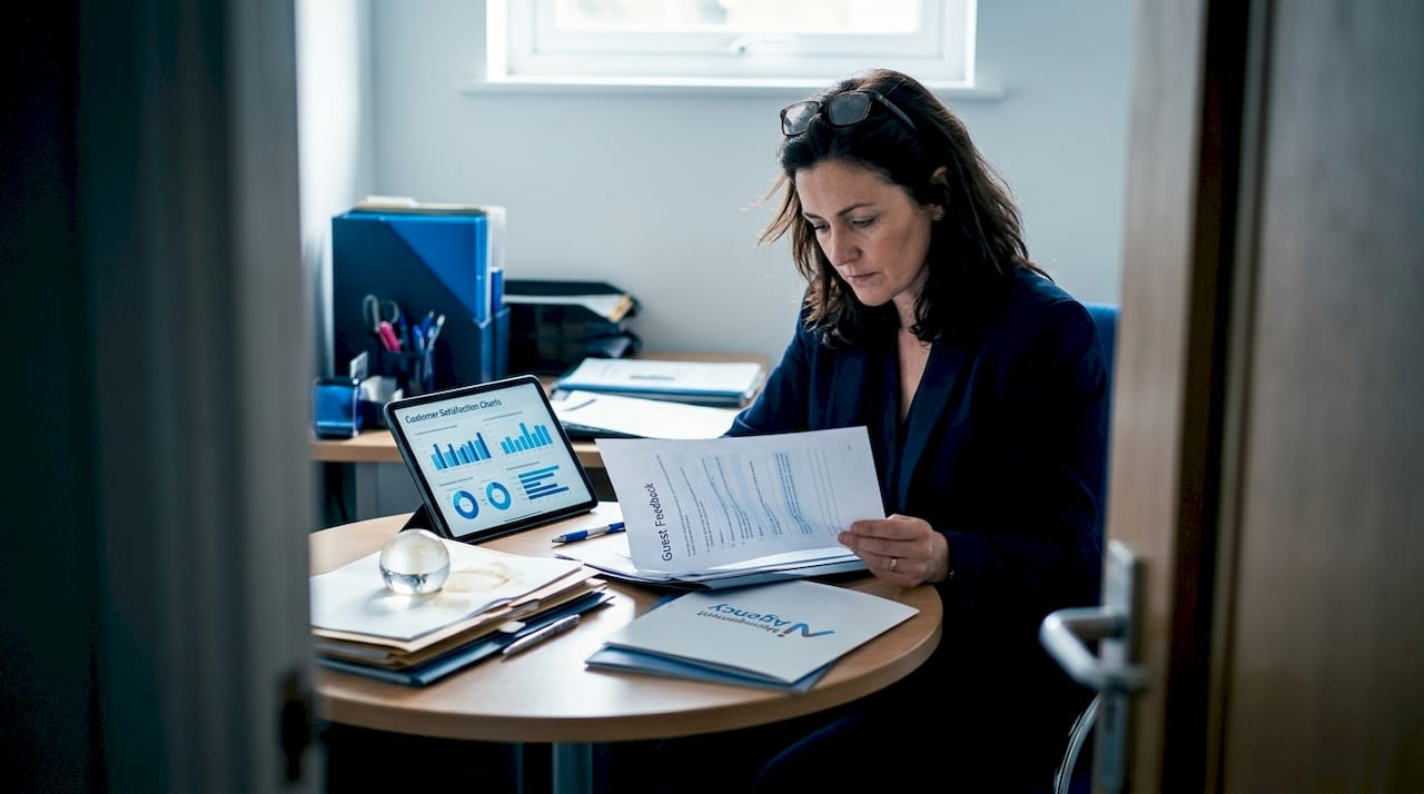 Manager studying guest feedback sheets at desk