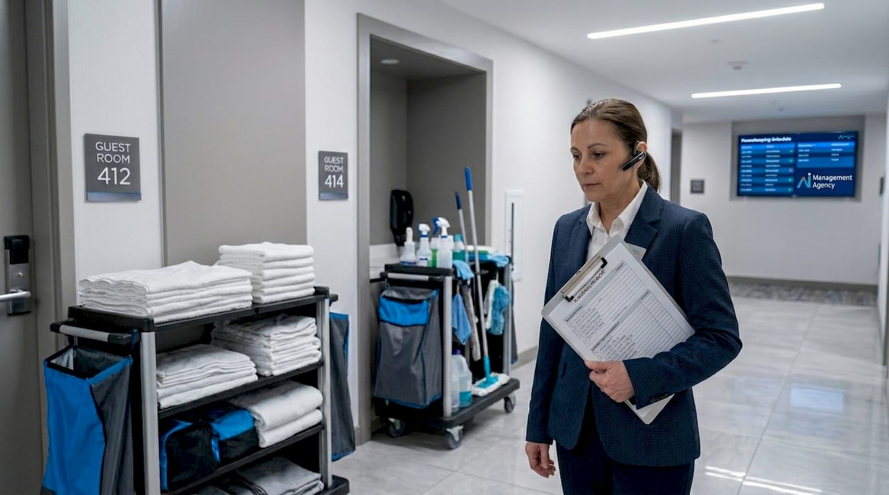 Hotel supervisor communicating via voice assistant
