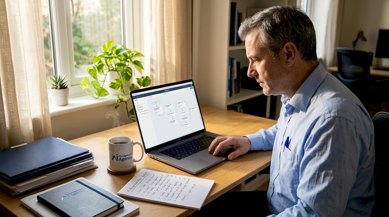 Business owner setting up AI receptionist on laptop