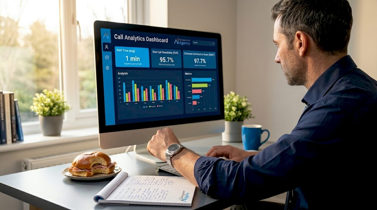 Man reviewing call analytics on office computer