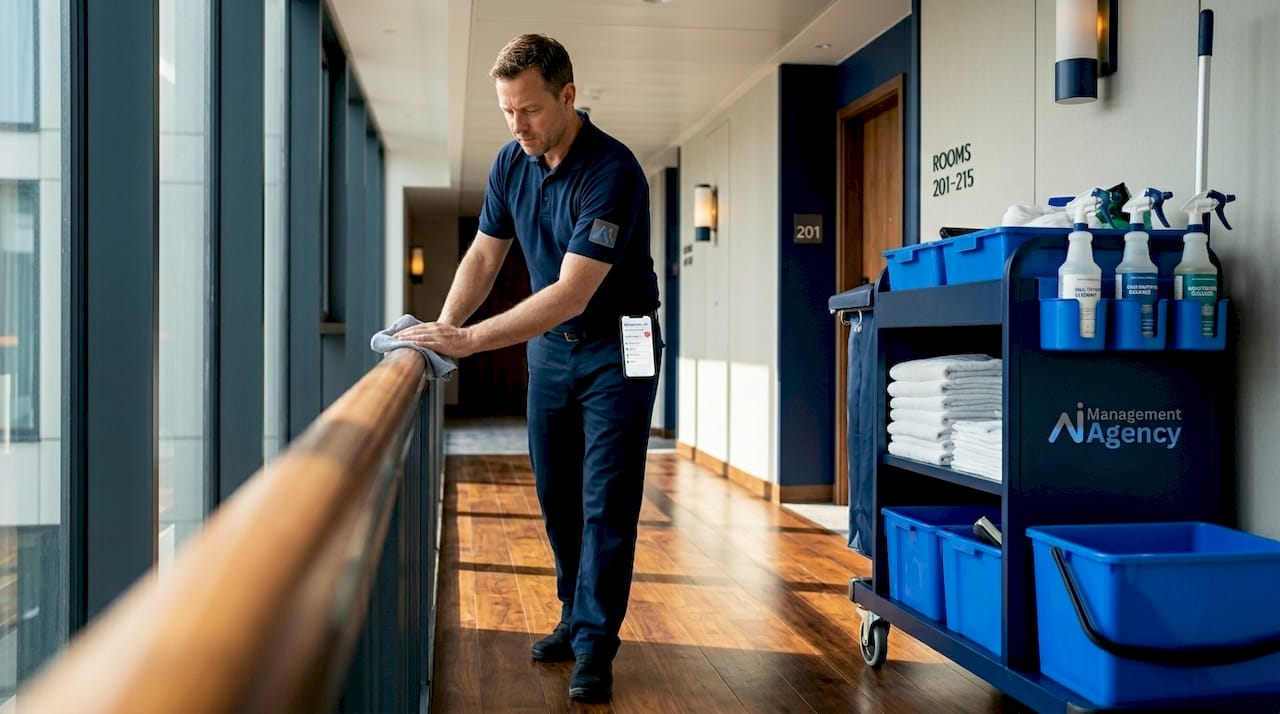 Housekeeper checks AI schedule in corridor