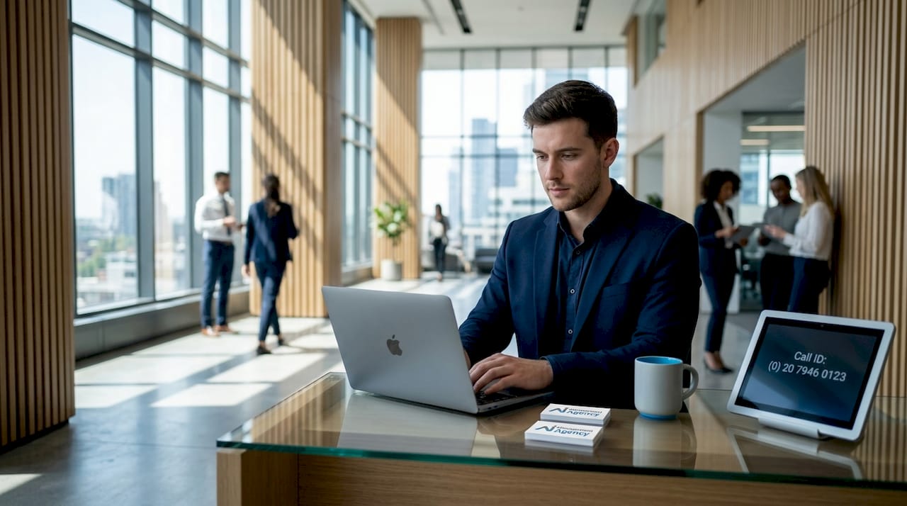 Receptionist multitasks with phone and laptop