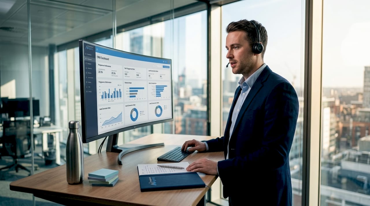 Manager using AI CRM in glass office