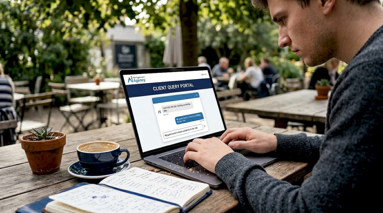 Guest interacting with AI chatbot on laptop in café