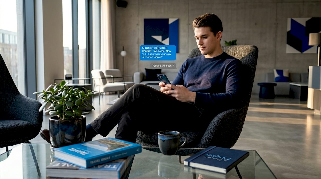 Hotel guest using mobile AI FAQ chatbot in lobby
