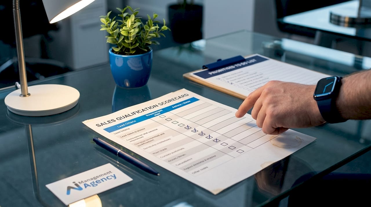 Hands marking sales scorecard checklist