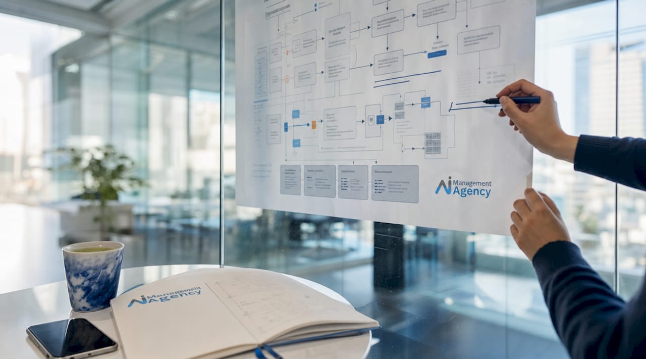 Hands marking multilingual AI architecture diagram