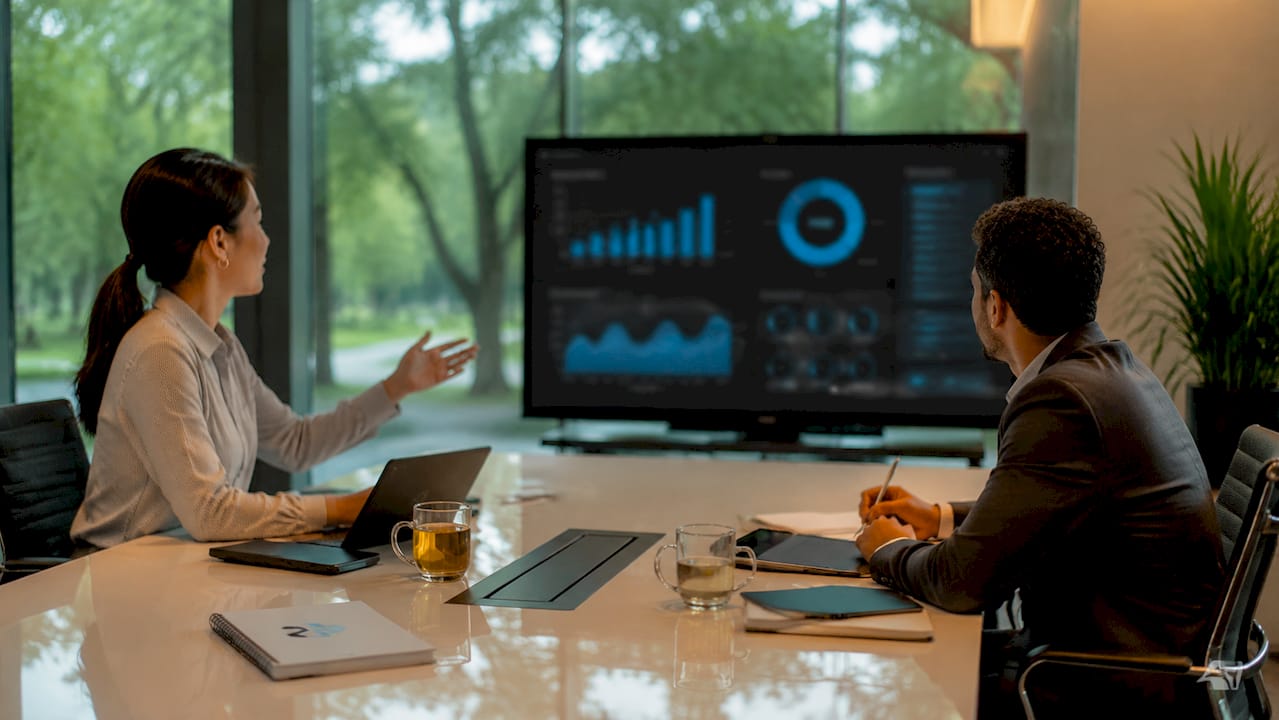 Colleagues reviewing AI monitoring dashboard