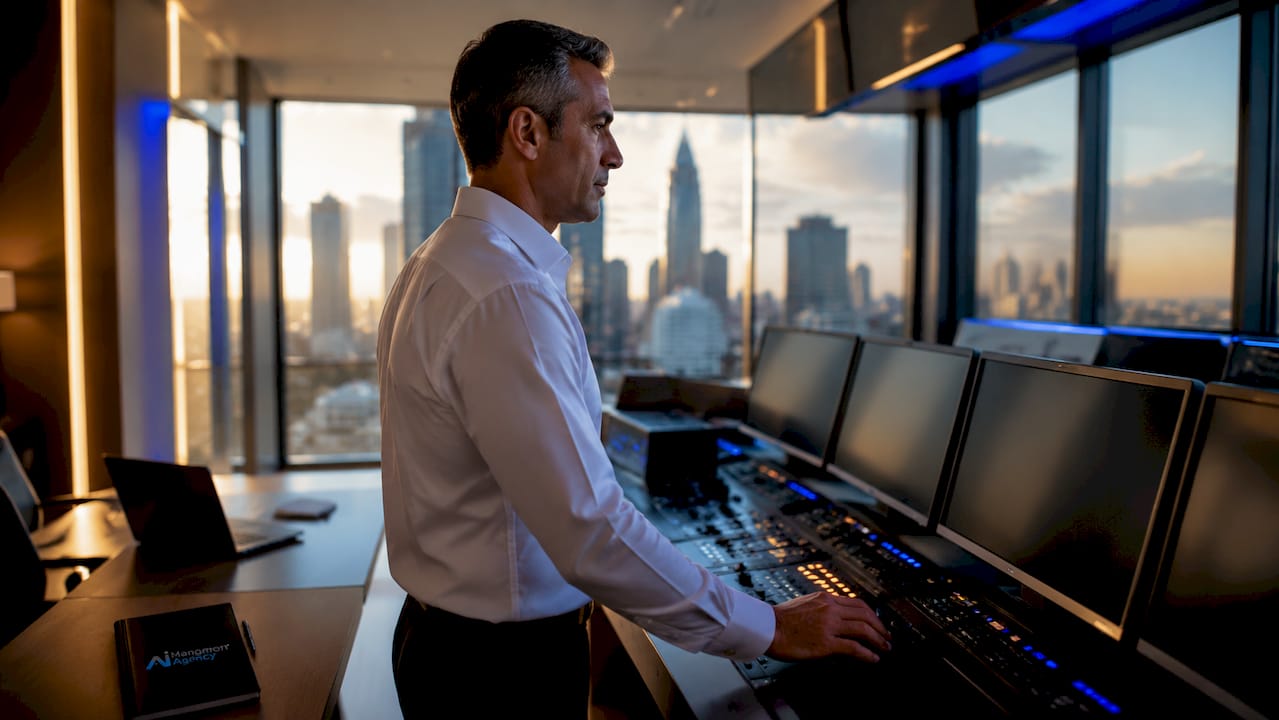 Hotel technician monitoring AI systems in control room
