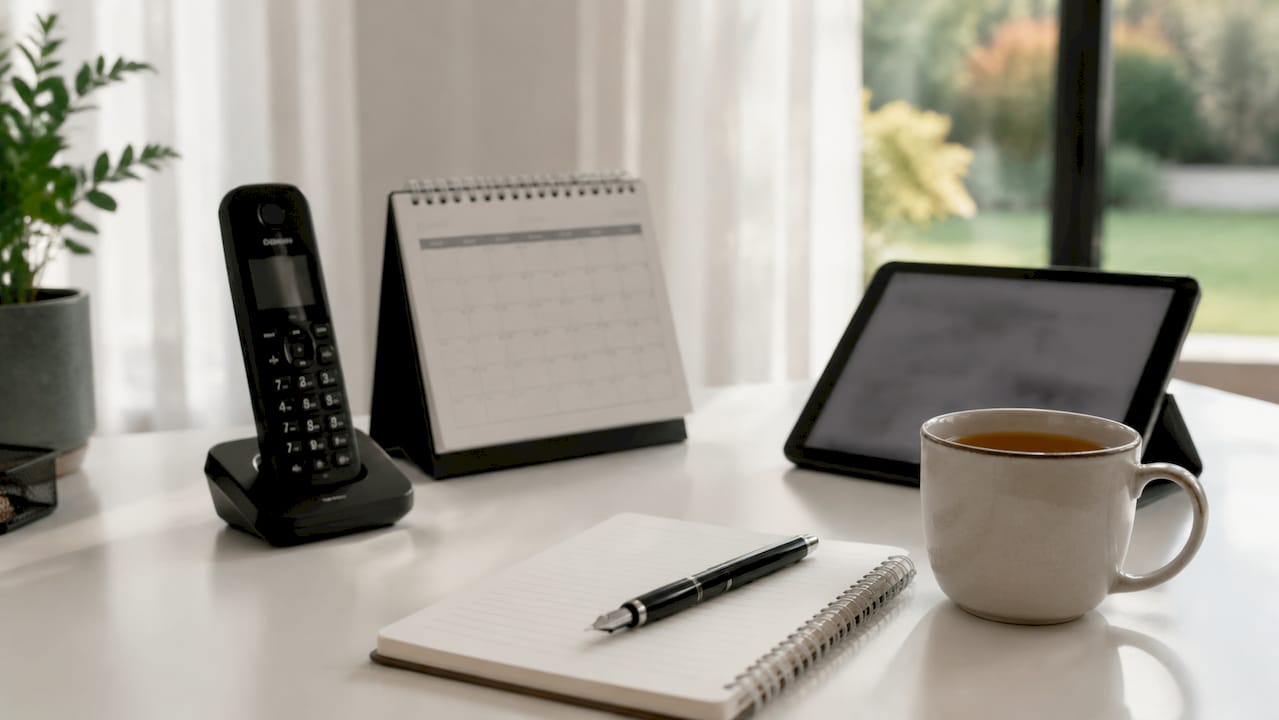 Small business phone and planner on table overhead
