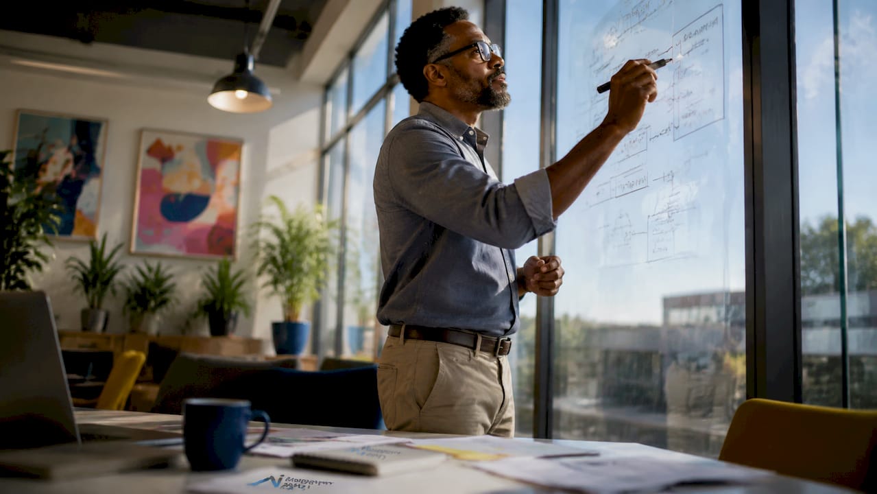 Man mapping business workflows on whiteboard