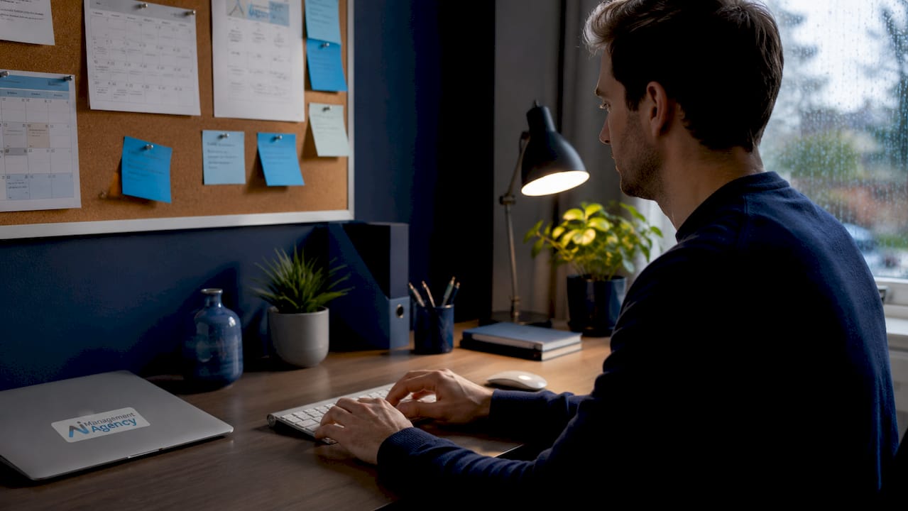 Hands typing near calendar printouts on desk