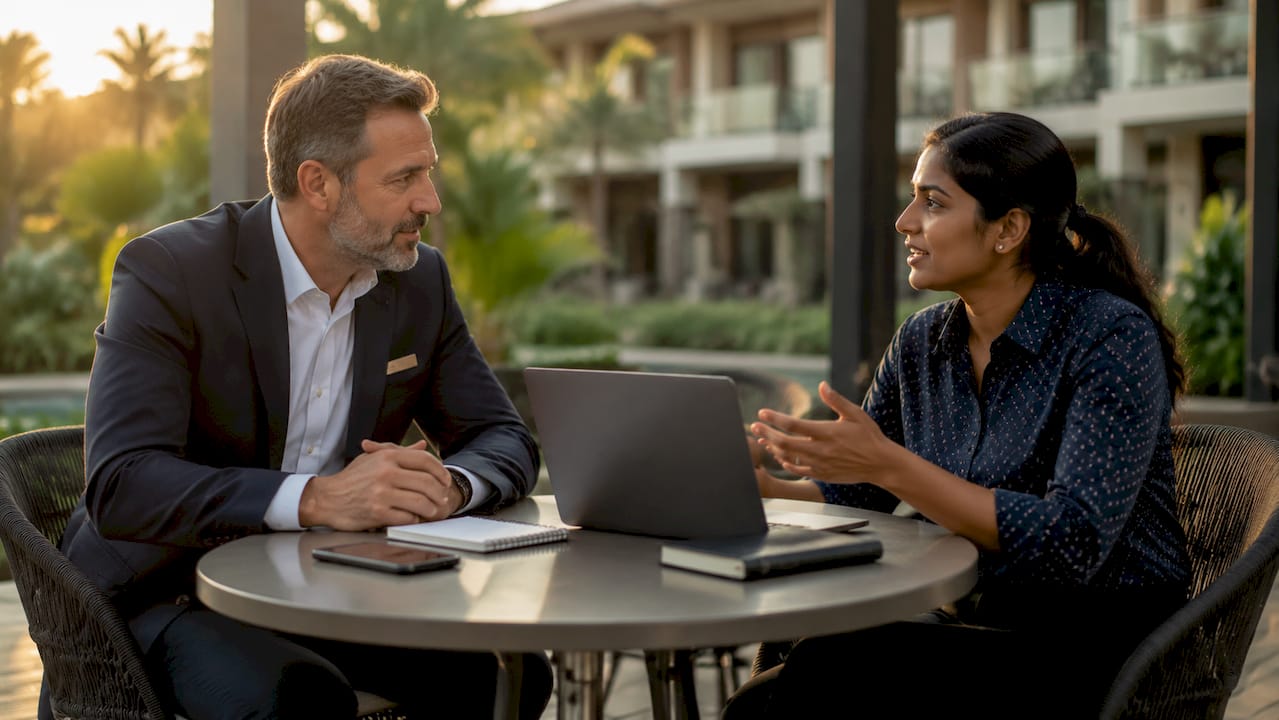 Hotel manager and IT specialist discussing AI solutions