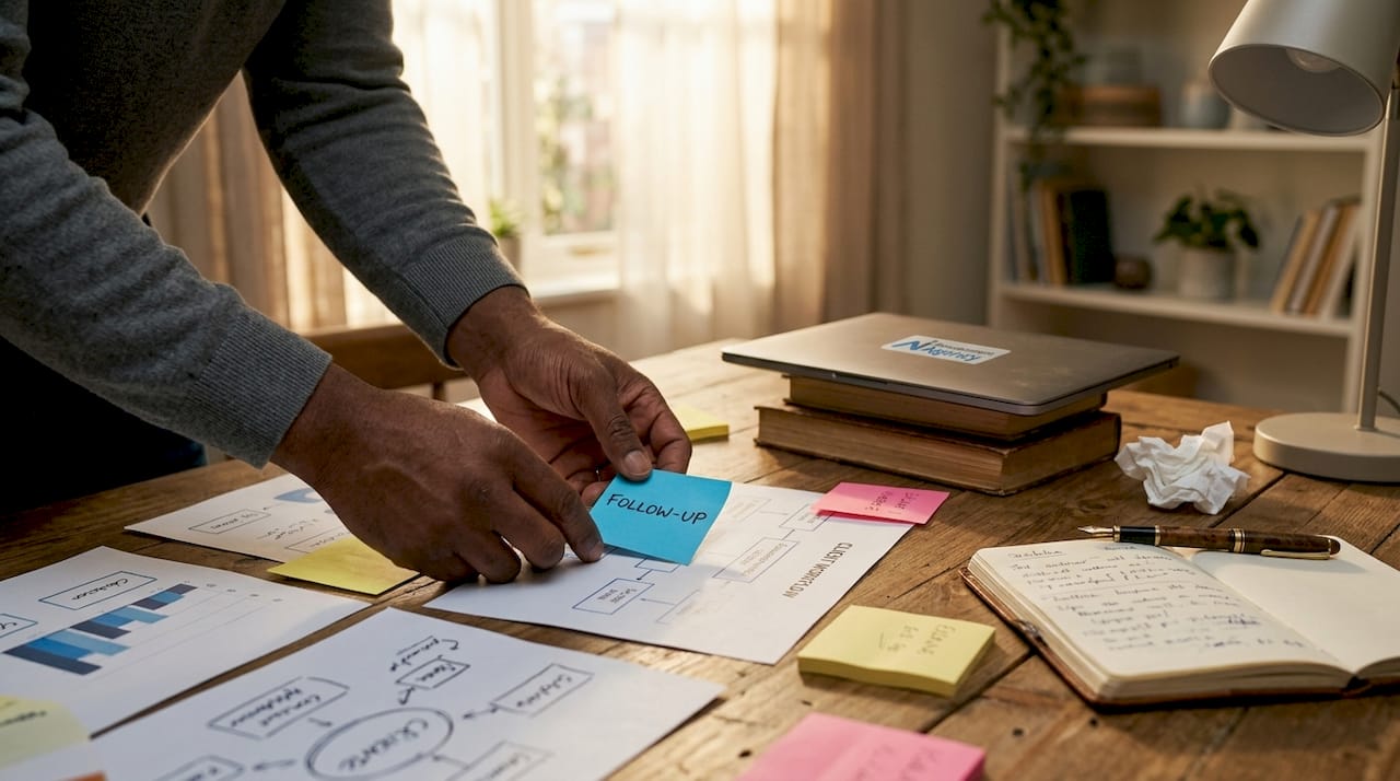 Overhead view of hands organizing client workflow charts