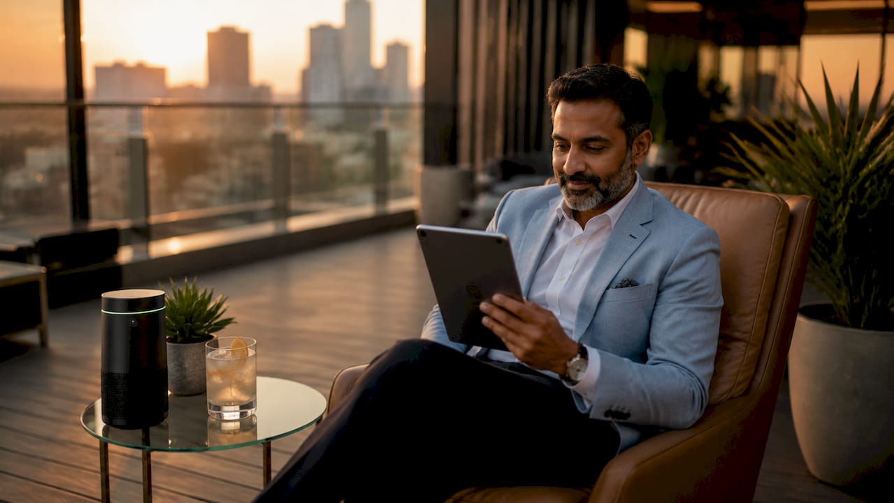 Guest using AI concierge tablet in hotel lobby