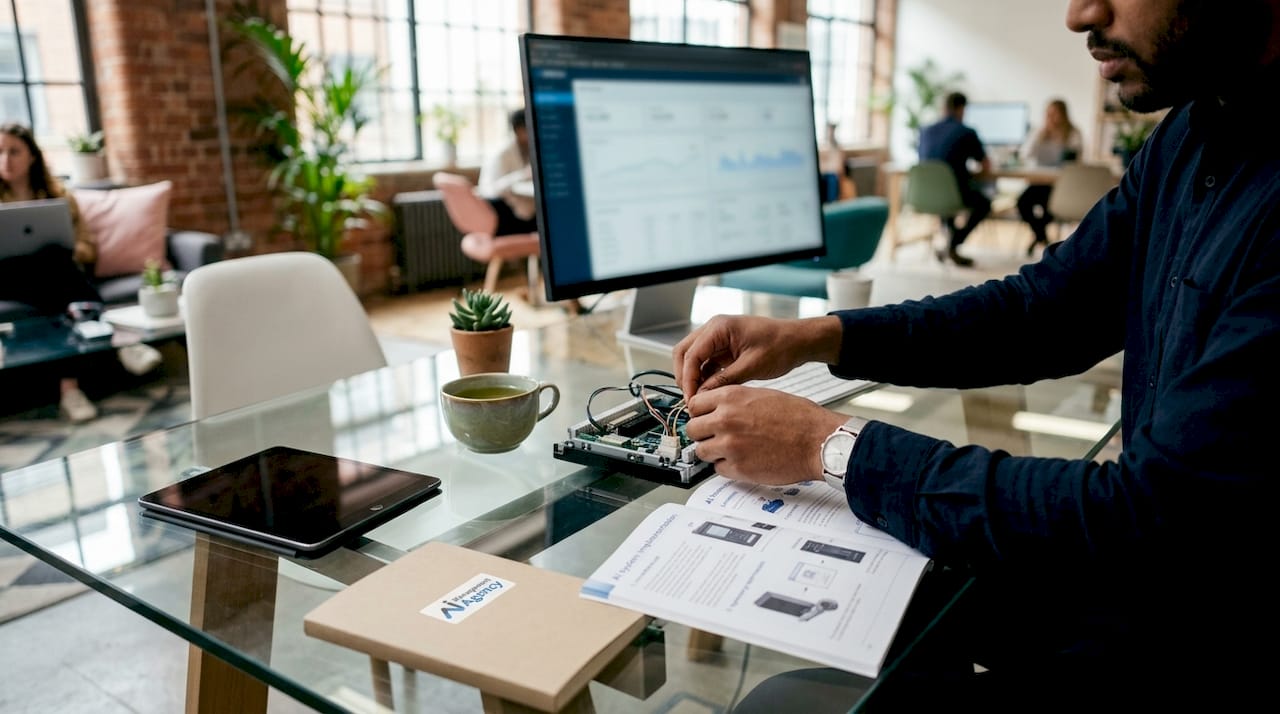 Technician hands setting up virtual receptionist technology layers