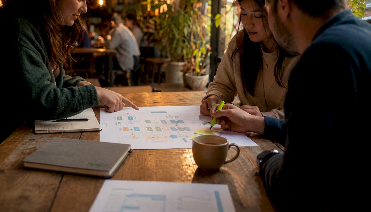Team hands collaborating over AI workflow diagrams