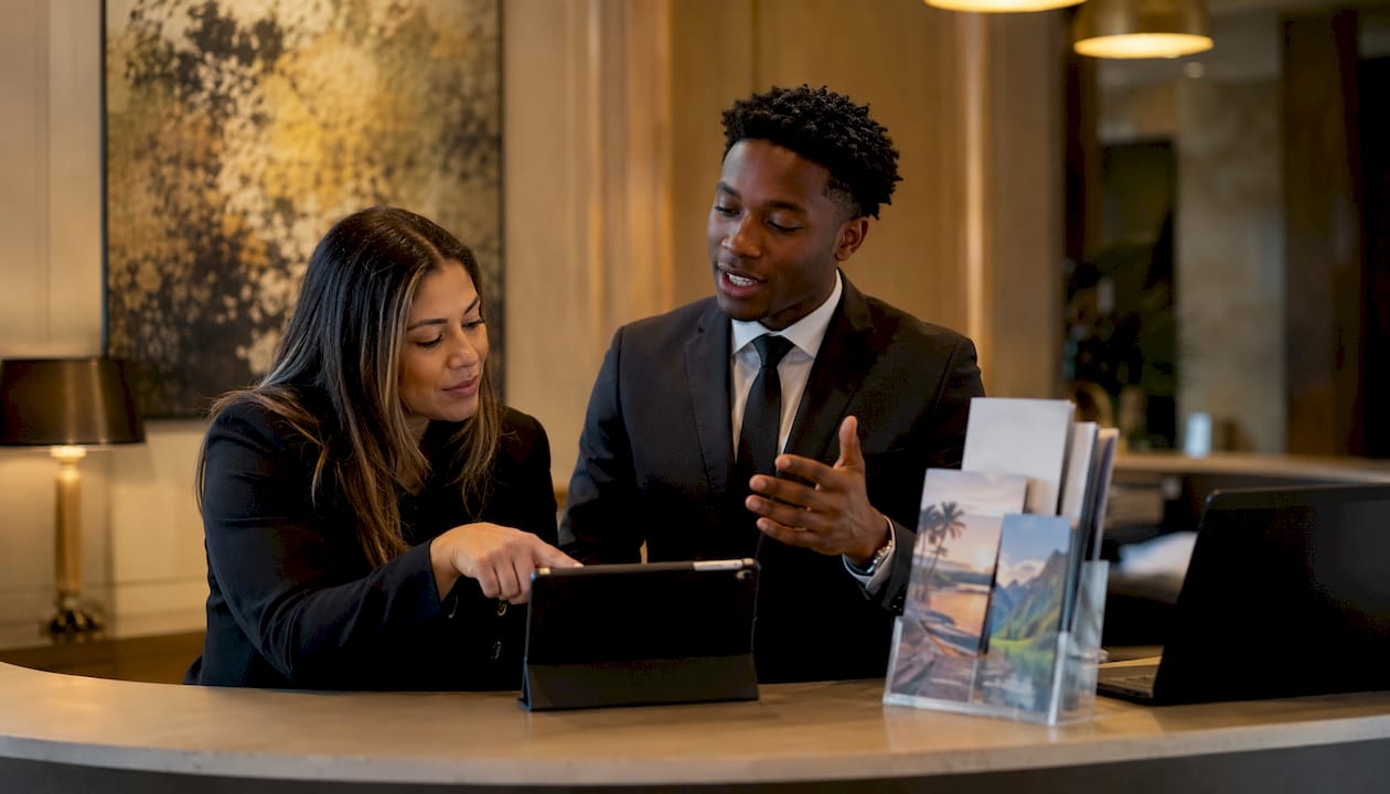Hotel reception staff discussing reservation system
