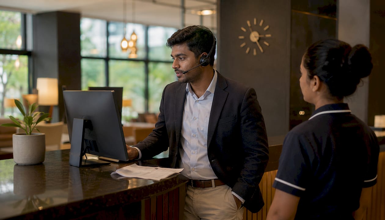 Hotel front desk staff coordinating with automation tools