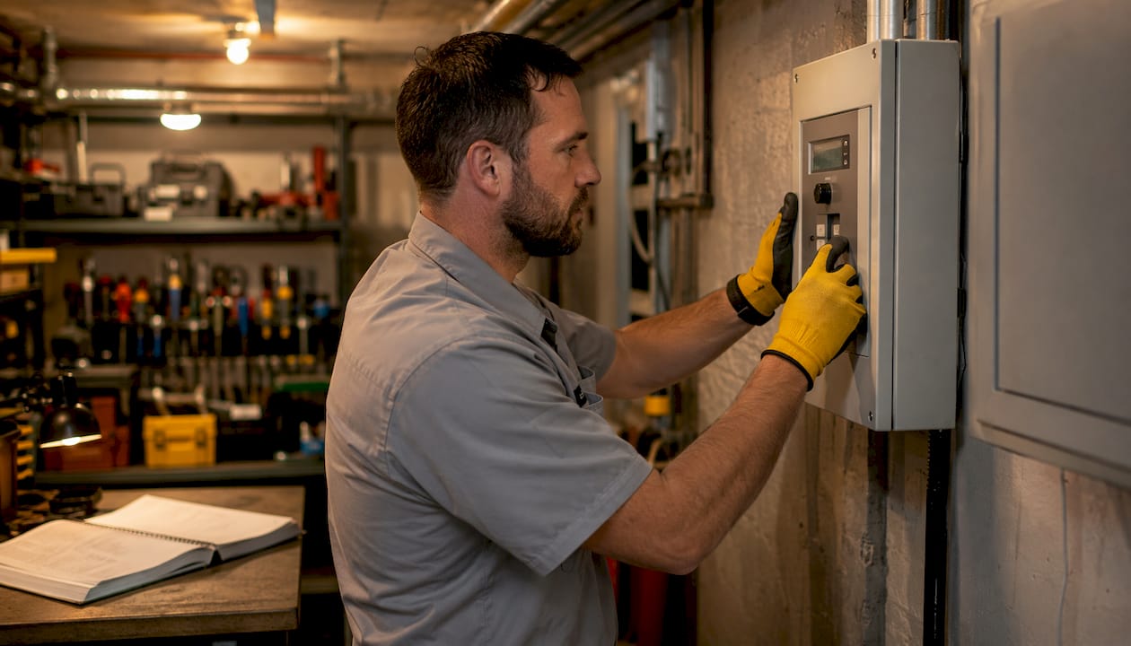 Technician adjusting hotel energy system