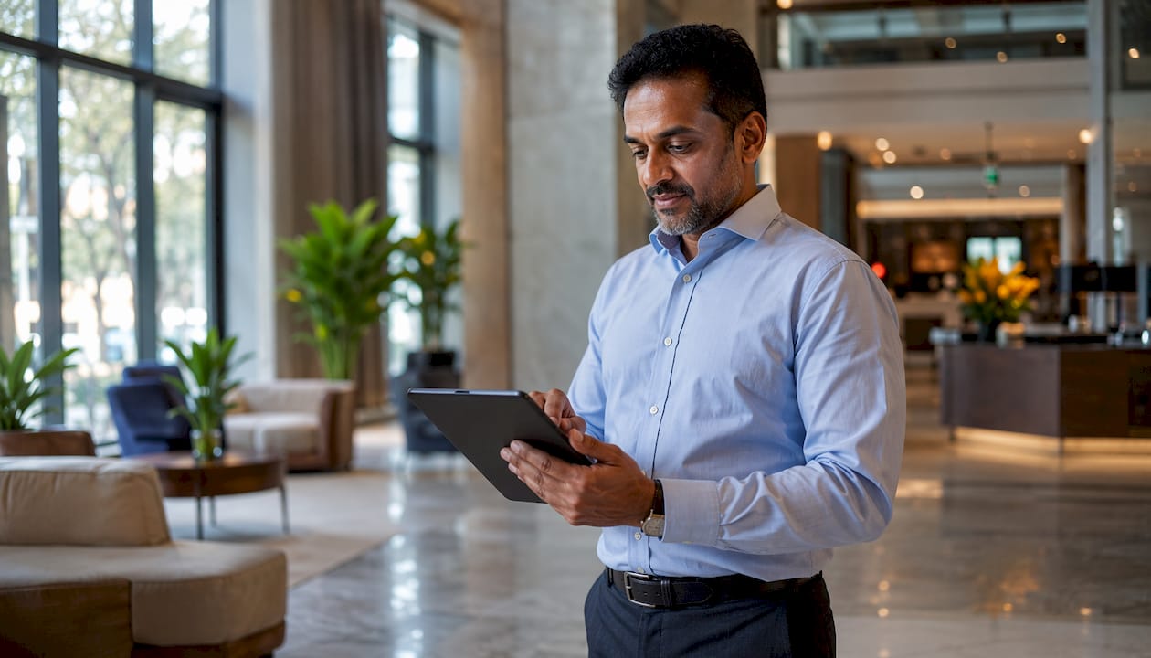 Hotel manager observing AI receptionist system at desk