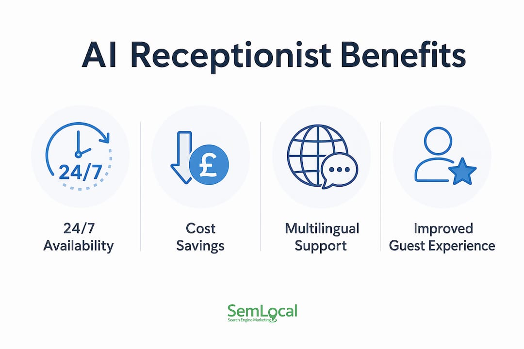 Infographic highlighting key benefits of AI receptionists in hotels