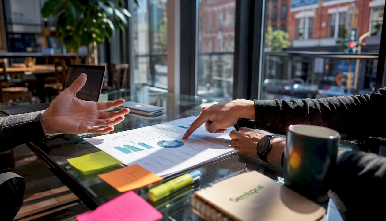 Hands discussing AI receptionist costs over report