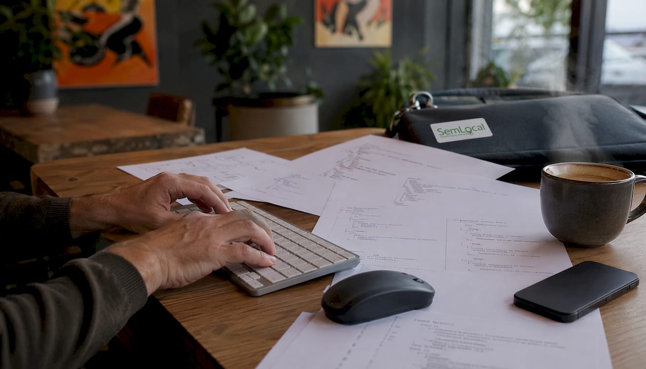 Hands typing near structured data papers