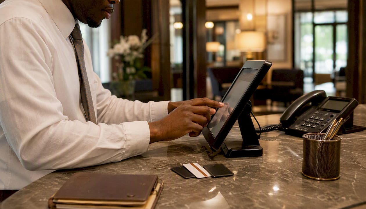 Hotel receptionist using digital check-in and phone