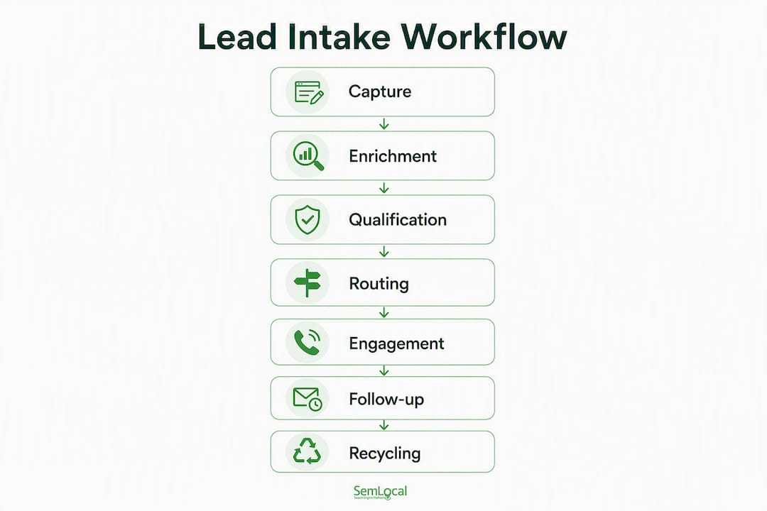 Infographic showing seven stages of lead intake workflow