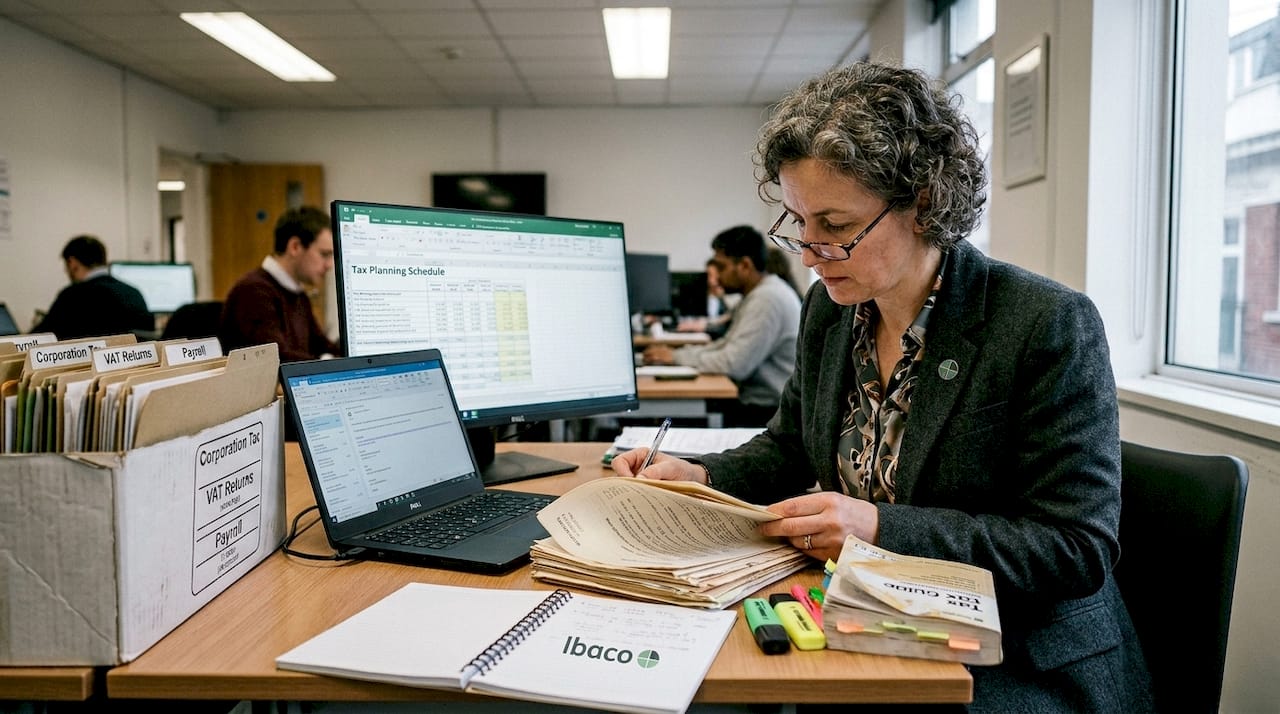 Accountant reviewing tax documents at workspace table