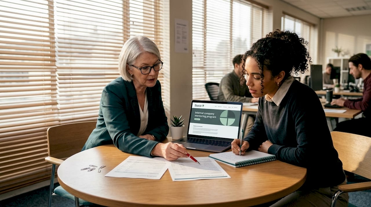 Senior mentoring junior in open-plan workspace