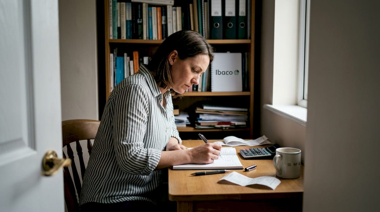 Bookkeeper working ledger home office setting