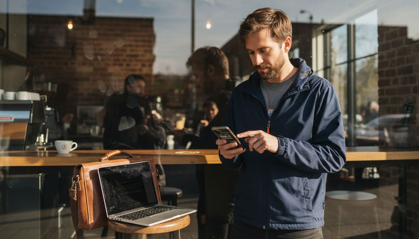 Customer interacting with business app in cafe