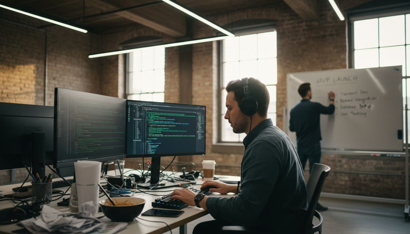 Developer at messy desk with teammate brainstorming